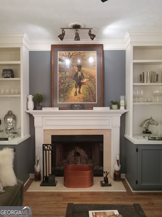 room details featuring ornamental molding, a fireplace with raised hearth, built in shelves, and wood finished floors