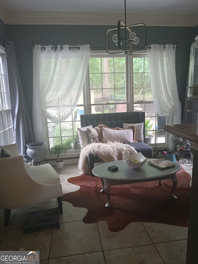 interior space with crown molding, an inviting chandelier, tile patterned floors, and a healthy amount of sunlight