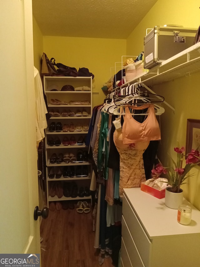 walk in closet with dark wood-type flooring