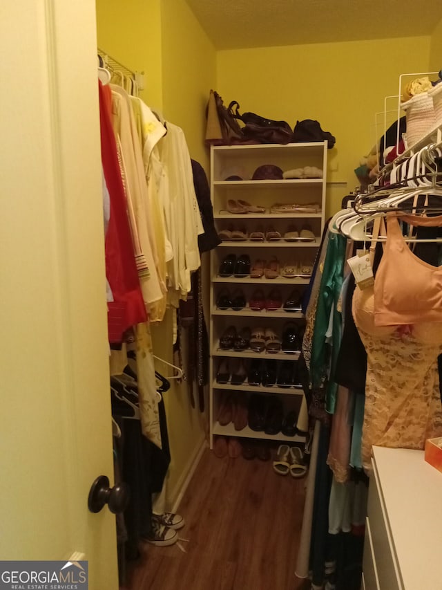 spacious closet with dark wood-type flooring