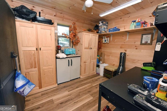 interior space featuring light hardwood / wood-style flooring, light brown cabinetry, ceiling fan, wood walls, and wood ceiling