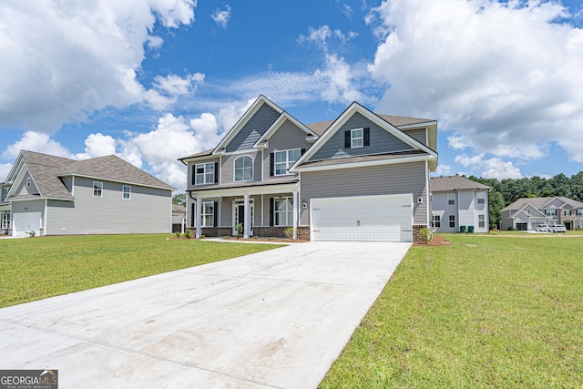 craftsman-style house featuring a porch, a front yard, and a garage