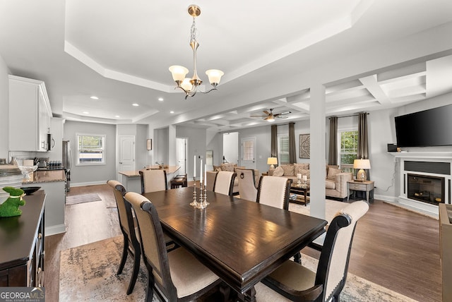 dining space with coffered ceiling, a wealth of natural light, ceiling fan with notable chandelier, and wood-type flooring