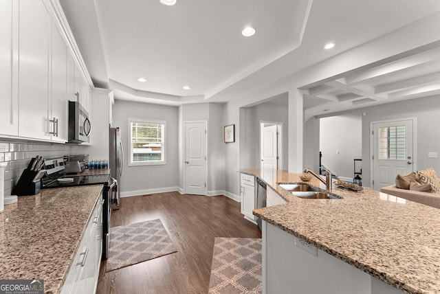 kitchen featuring white cabinetry, sink, backsplash, stainless steel appliances, and dark hardwood / wood-style flooring