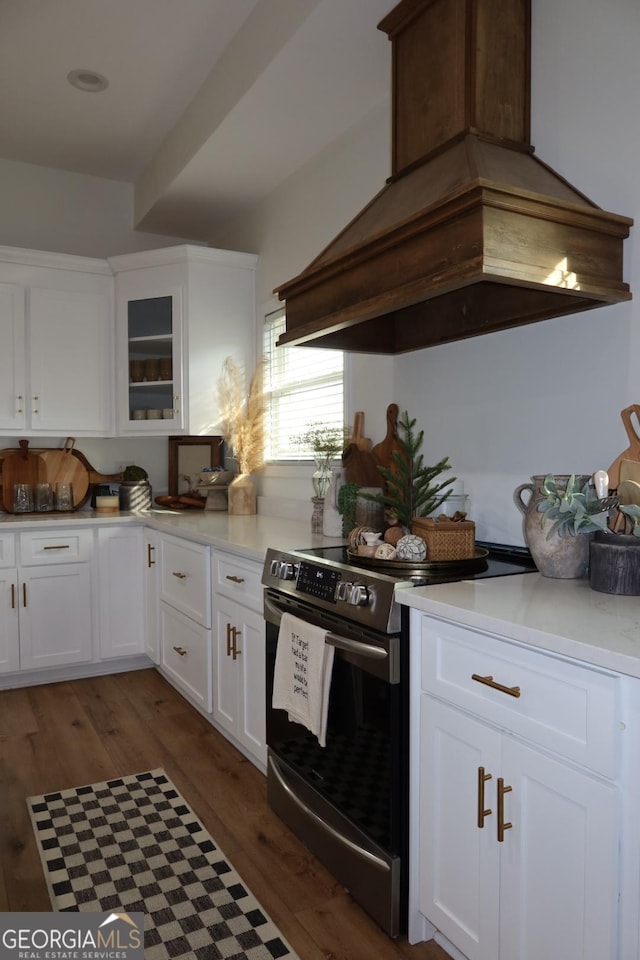 kitchen featuring custom exhaust hood, dark hardwood / wood-style flooring, white cabinetry, and stainless steel electric range oven