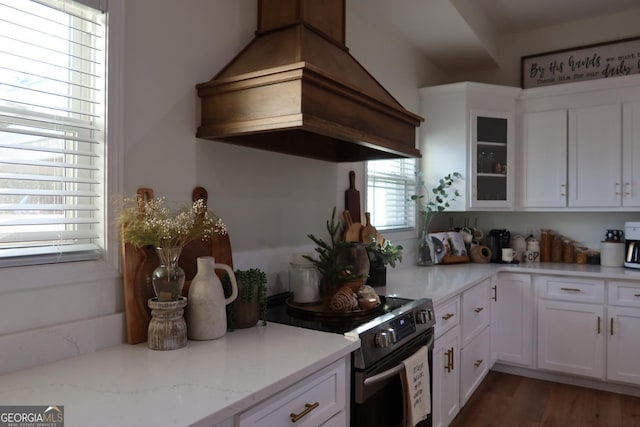 kitchen with a wealth of natural light, black electric range oven, custom range hood, and wood-type flooring