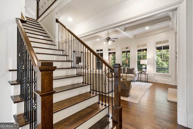 staircase with ceiling fan, coffered ceiling, wood-type flooring, beamed ceiling, and crown molding