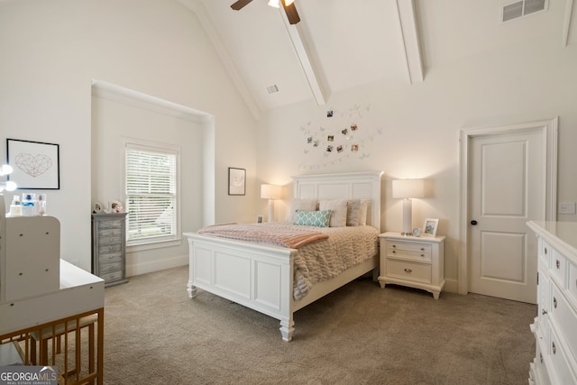 bedroom featuring beamed ceiling, high vaulted ceiling, light colored carpet, and ceiling fan