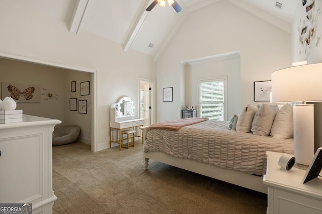 carpeted bedroom with ceiling fan, high vaulted ceiling, and beamed ceiling