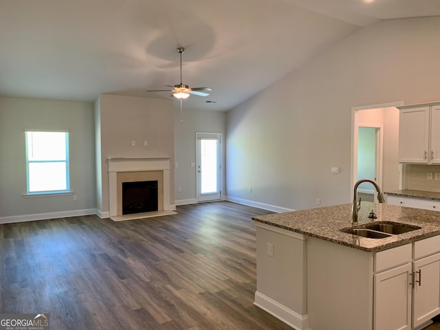 kitchen with sink, stone counters, white cabinetry, dark hardwood / wood-style flooring, and a kitchen island with sink