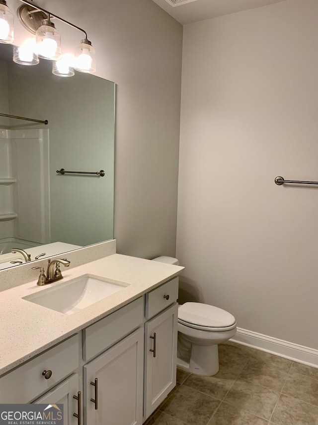 bathroom featuring tile patterned floors, toilet, vanity, and a shower