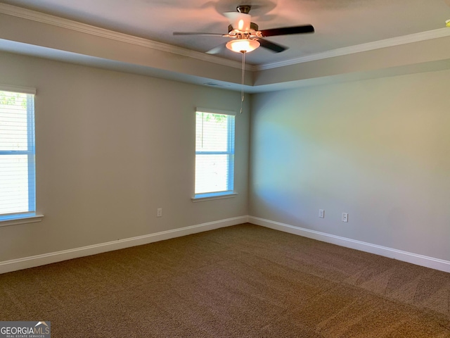 carpeted spare room with ceiling fan and ornamental molding