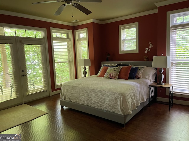 bedroom featuring ceiling fan, crown molding, access to outside, and dark hardwood / wood-style floors