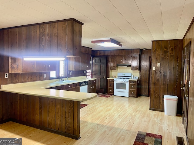 kitchen with light wood-type flooring, white appliances, wooden walls, sink, and kitchen peninsula