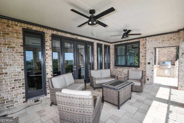 2771 Point Overlook, Gainesville, GA 30501 - view of patio featuring french doors, a grill, ceiling fan, an outdoor living space, and exterior kitchen