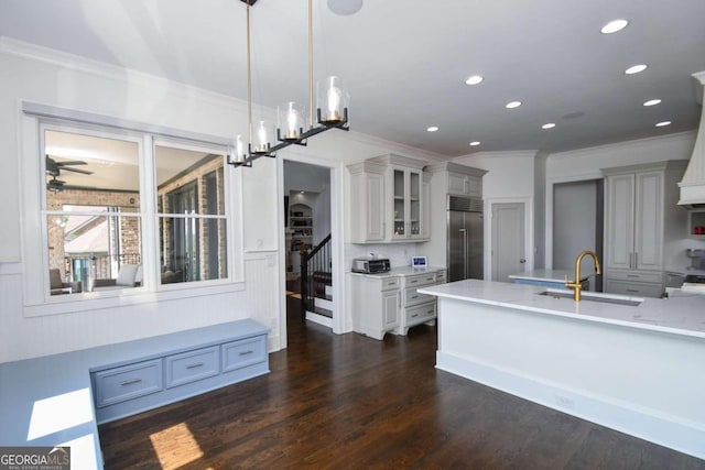 2771 Point Overlook, Gainesville, GA 30501 - kitchen featuring dark wood-type flooring, sink, crown molding, built in fridge, and pendant lighting