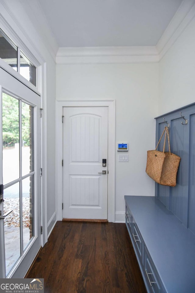 2771 Point Overlook, Gainesville, GA 30501 - mudroom with ornamental molding and dark hardwood / wood-style flooring