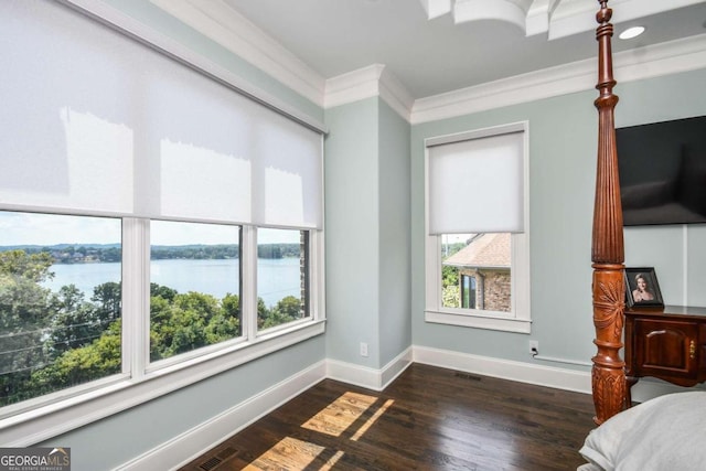 2771 Point Overlook, Gainesville, GA 30501 - bedroom featuring dark hardwood / wood-style flooring, ornamental molding, and a water view