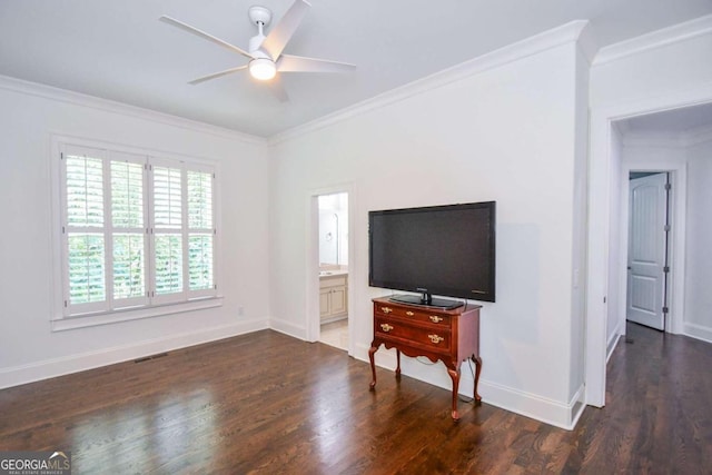 2771 Point Overlook, Gainesville, GA 30501 - living room with crown molding, ceiling fan, and dark wood-type flooring