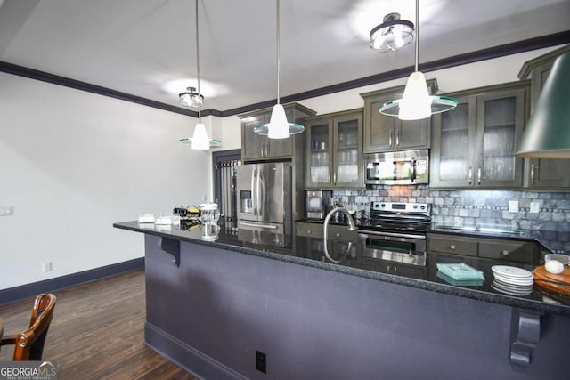 2771 Point Overlook, Gainesville, GA 30501 - kitchen with pendant lighting, stainless steel appliances, dark brown cabinets, and dark stone counters
