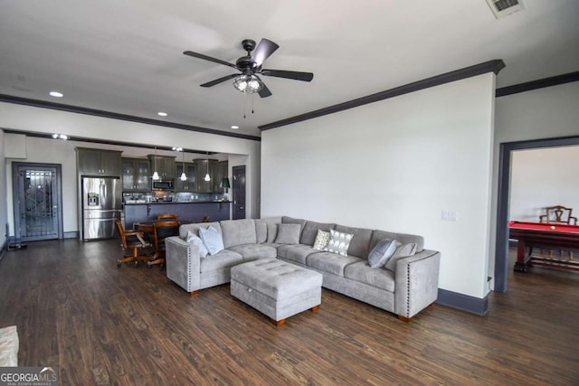 2771 Point Overlook, Gainesville, GA 30501 - living room with crown molding, ceiling fan, and dark hardwood / wood-style flooring