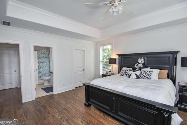 2771 Point Overlook, Gainesville, GA 30501 - bedroom with dark hardwood / wood-style floors, connected bathroom, ornamental molding, ceiling fan, and a tray ceiling