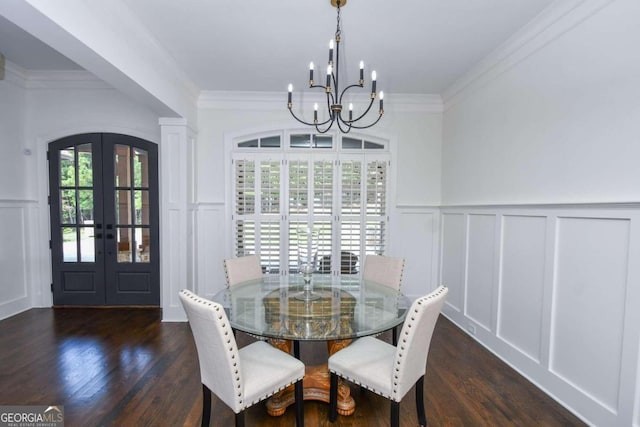 2771 Point Overlook, Gainesville, GA 30501 - dining room featuring crown molding, dark wood-type flooring, an inviting chandelier, and french doors