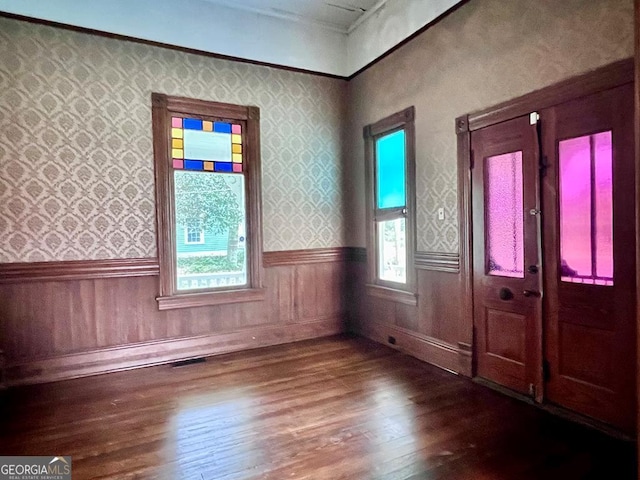 foyer with dark wood-type flooring and a healthy amount of sunlight