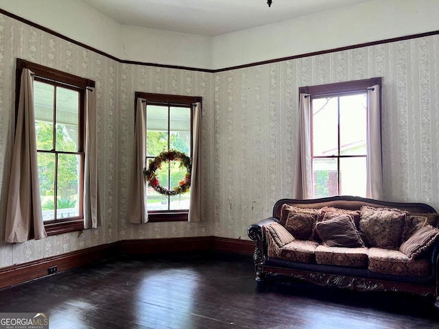 sitting room with wood-type flooring and a healthy amount of sunlight