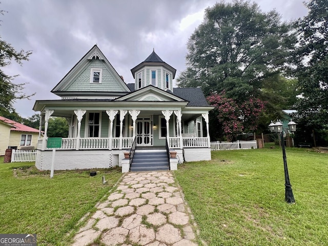 victorian-style house featuring a porch and a front yard