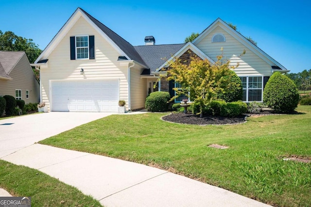 front facade with a garage and a front yard