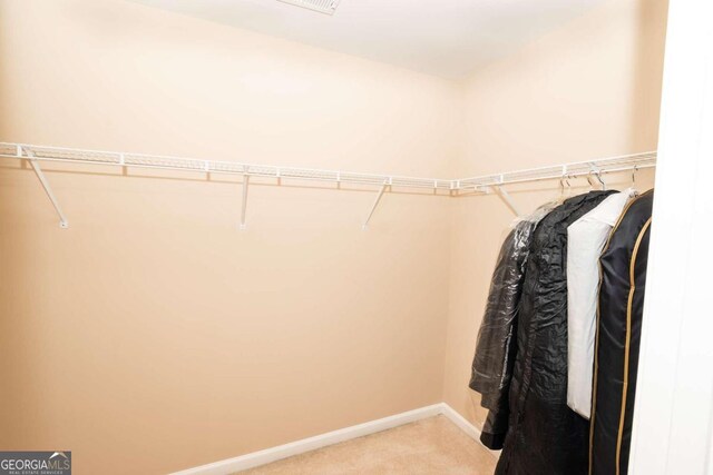 walk in closet with light carpet