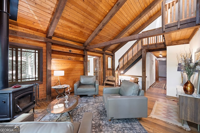 living room featuring wood walls, lofted ceiling with beams, a wood stove, wooden ceiling, and hardwood / wood-style flooring