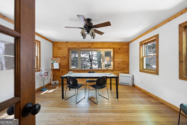 dining space featuring ceiling fan and light hardwood / wood-style flooring