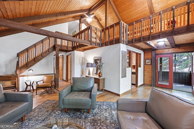 living room featuring ceiling fan, wood ceiling, high vaulted ceiling, beam ceiling, and light hardwood / wood-style floors