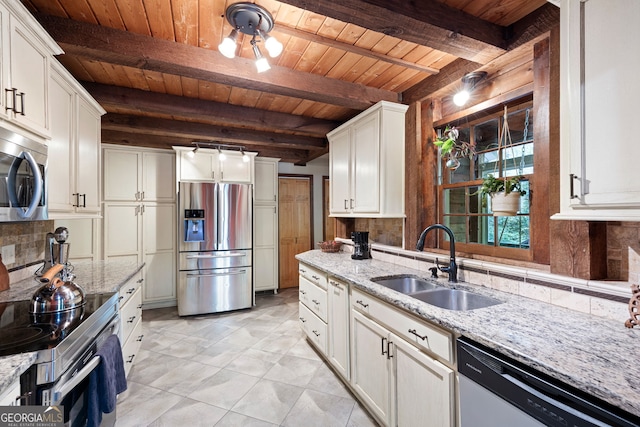 kitchen with beam ceiling, backsplash, wood ceiling, and stainless steel appliances