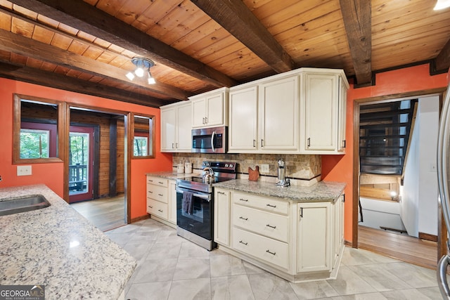 kitchen with backsplash, appliances with stainless steel finishes, beam ceiling, light hardwood / wood-style floors, and wood ceiling