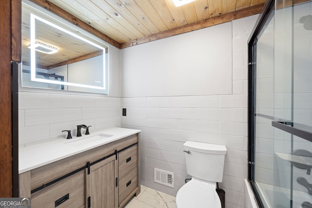 bathroom featuring wood ceiling, toilet, and vanity