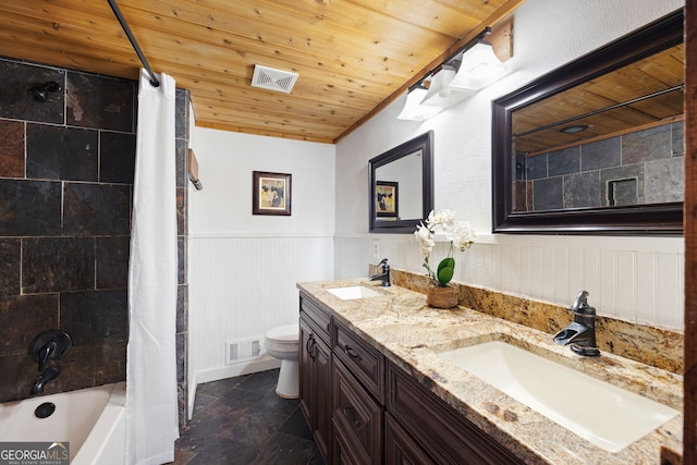 full bathroom with toilet, wood ceiling, and double sink vanity