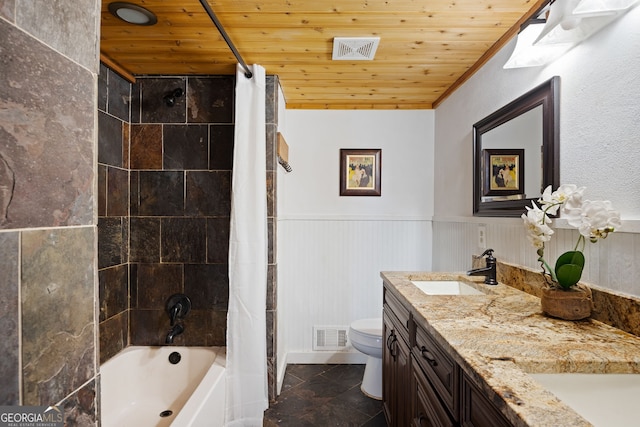 full bathroom featuring wood ceiling, toilet, double vanity, tile patterned floors, and shower / tub combo with curtain