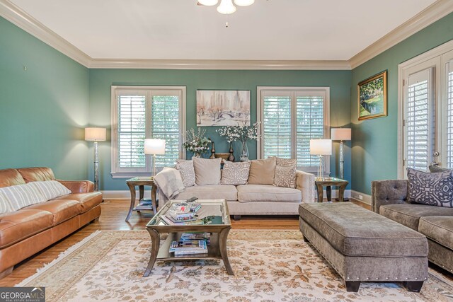 living room featuring ornamental molding and light hardwood / wood-style flooring