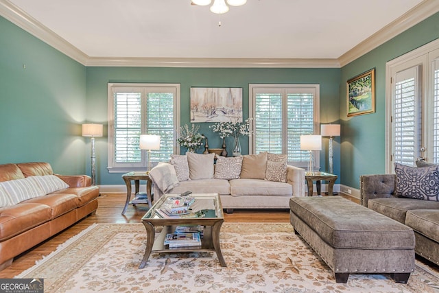 1829 Buckhead Valley Ln NE, Atlanta, GA 30324 - living room featuring baseboards, ornamental molding, wood finished floors, and ceiling fan