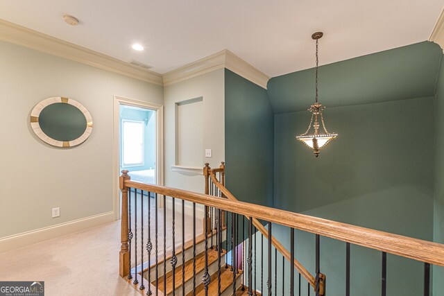 corridor featuring carpet flooring and ornamental molding