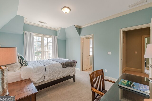 bedroom featuring light colored carpet and ornamental molding