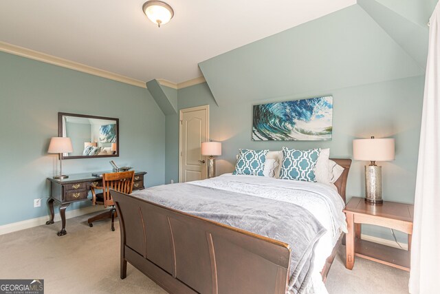 carpeted bedroom with ornamental molding