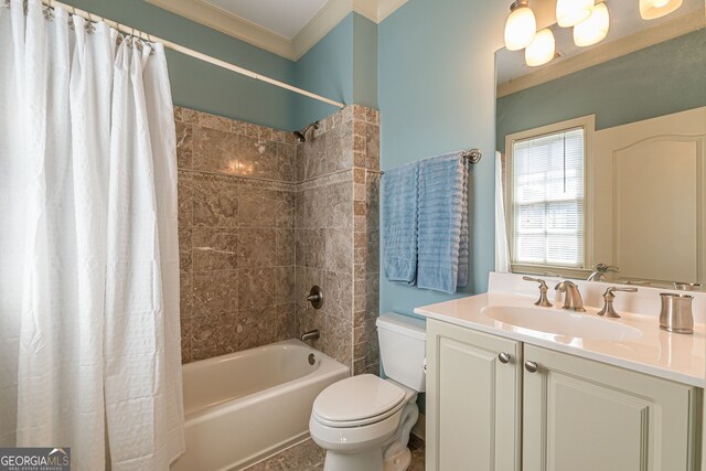 full bathroom featuring crown molding, vanity, toilet, and shower / bathtub combination with curtain