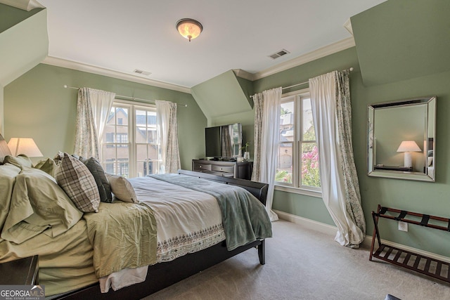 1829 Buckhead Valley Ln NE, Atlanta, GA 30324 - bedroom featuring carpet flooring, visible vents, baseboards, ornamental molding, and vaulted ceiling