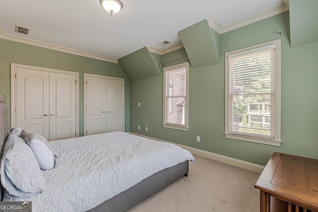 carpeted bedroom featuring ornamental molding and multiple closets