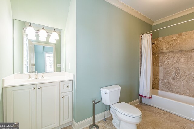 full bathroom with shower / bathtub combination with curtain, toilet, crown molding, and vanity