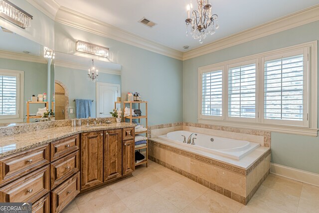 bathroom with vanity, tiled bath, a notable chandelier, tile patterned flooring, and crown molding